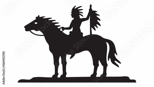Silhouette of a native american on horseback holding a feathered staff in a monochrome illustration art