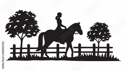 Silhouette of woman riding horse in field with fence and trees in black and white landscape scene