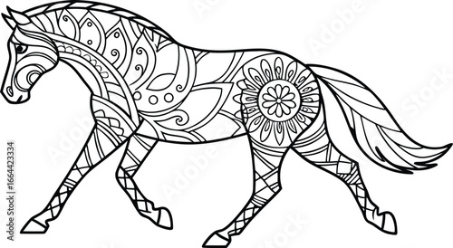 Ornate horse illustration with intricate line patterns art, Cute unicorn vector graphic design. Detailed horse head illustration with floral patterns ideal for coloring book enthusiasts delighting 