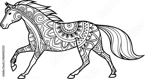 Ornate horse illustration with intricate line patterns art, Cute unicorn vector graphic design. Detailed horse head illustration with floral patterns ideal for coloring book enthusiasts delighting 