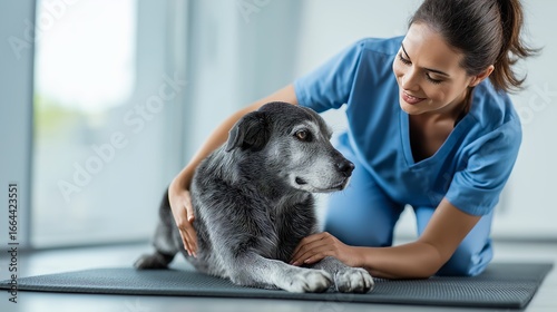 Veterinarian Caring for Senior Dog in Clinic: Compassionate Veterinary Care Moment Captured in Modern Animal Hospital
