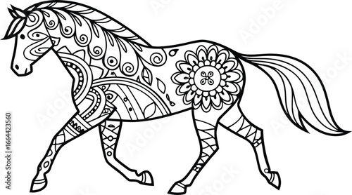 Ornate horse illustration with intricate line patterns art, Cute unicorn vector graphic design. Detailed horse head illustration with floral patterns ideal for coloring book enthusiasts delighting 