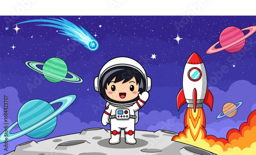 Adorable astronaut on moon with rocket and planets, perfect for kids' space themed designs