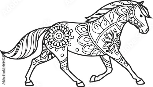 Ornate horse illustration with intricate line patterns art, Cute unicorn vector graphic design. Detailed horse head illustration with floral patterns ideal for coloring book enthusiasts delighting 