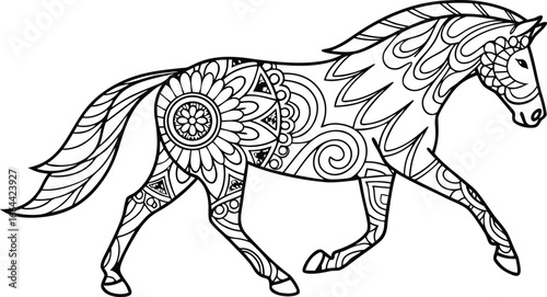 Ornate horse illustration with intricate line patterns art, Cute unicorn vector graphic design. Detailed horse head illustration with floral patterns ideal for coloring book enthusiasts delighting 