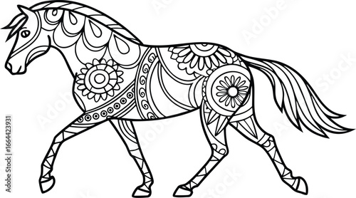 Ornate horse illustration with intricate line patterns art, Cute unicorn vector graphic design. Detailed horse head illustration with floral patterns ideal for coloring book enthusiasts delighting 