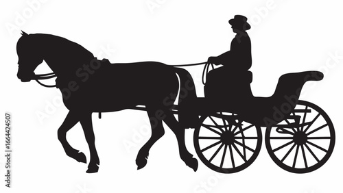 Silhouette of a horse drawn carriage with a driver wearing a hat in a vintage style design element