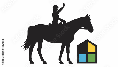Silhouette of a horse with rider waving next to a small house with colored squares on a white background