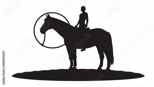 Silhouette of a horse with a rider and a circular element on a ground in a simple black and white image