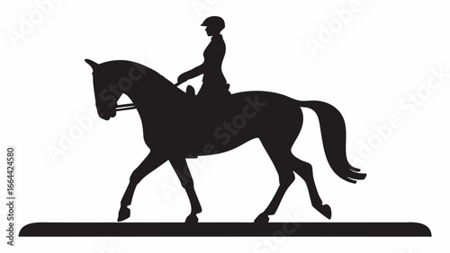 Silhouette illustration of a rider on a horse with tail flowing and a solid black base underneath it