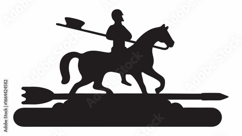 Silhouette of a horseman riding on horseback with a spear above an arrow in black and white design