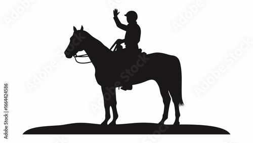 Silhouette of a horse and rider waving their hand in the air on a white background illustration art
