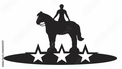 Silhouette of a horse with a rider wearing a hat standing above five stars on an oval shape design
