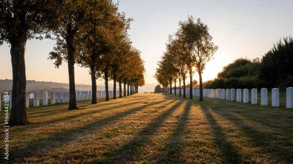 Naklejka premium Sunrise At A Military Cemetery With Aligned Headstones And Trees. Honoring Fallen Soldiers