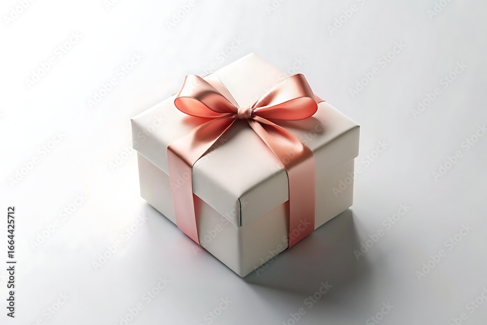 Obraz premium Elegant white gift box with a peachcolored ribbon and bow isolated on white background