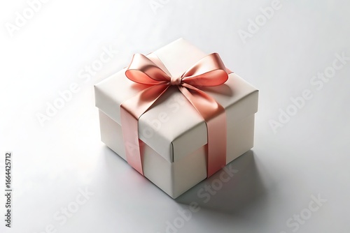 Elegant white gift box with a peachcolored ribbon and bow isolated on white background