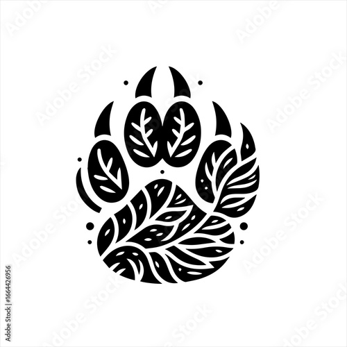 Stylized black paw print with leaf pattern and dots