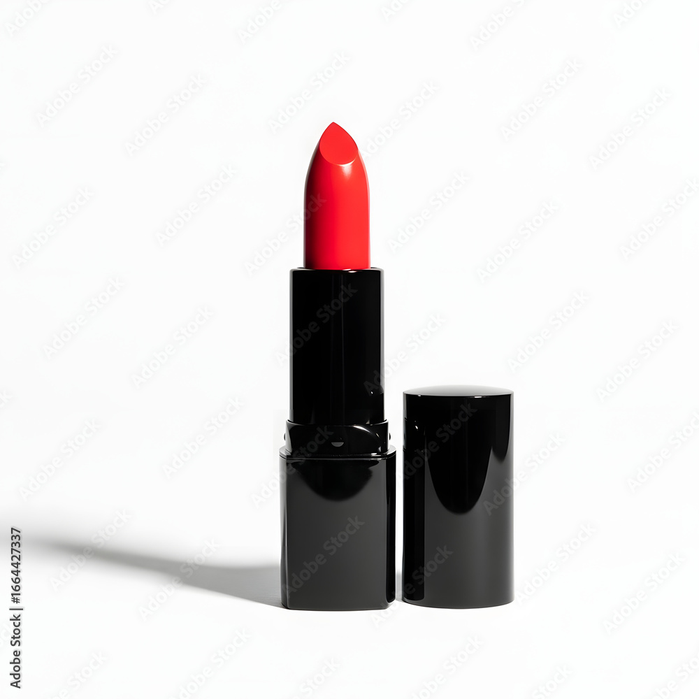 Obraz premium Vibrant red lipstick in a sleek black tube with the cap off, casting a shadow on a white background.