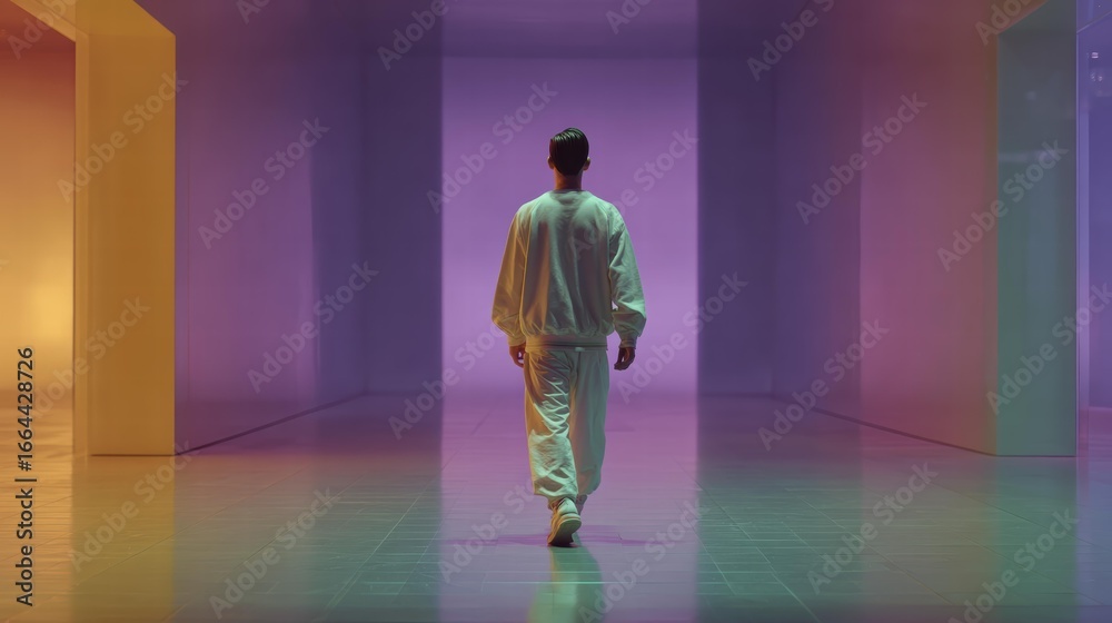 Fototapeta premium Figure in white walking down gradient-lit corridor for futuristic New Year digital art concept.