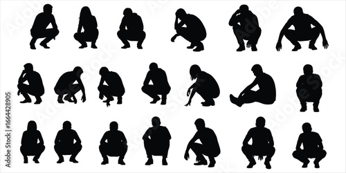 Collection of diverse human silhouettes in various crouching and sitting poses people figures