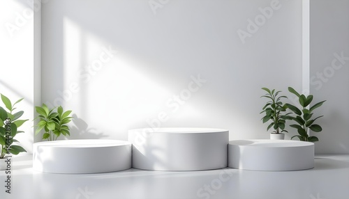 Minimalist podium scene featuring three white empty platforms or stages arranged in a row for product advertising or presentation
