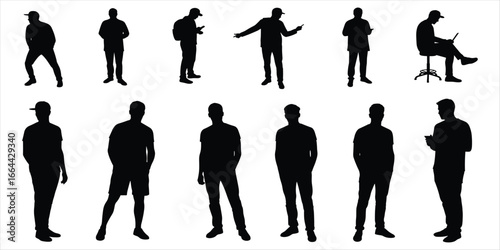 Collection of male silhouettes in various poses and activities on white background person people