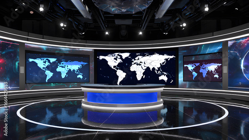 A modern, empty television news broadcast studio