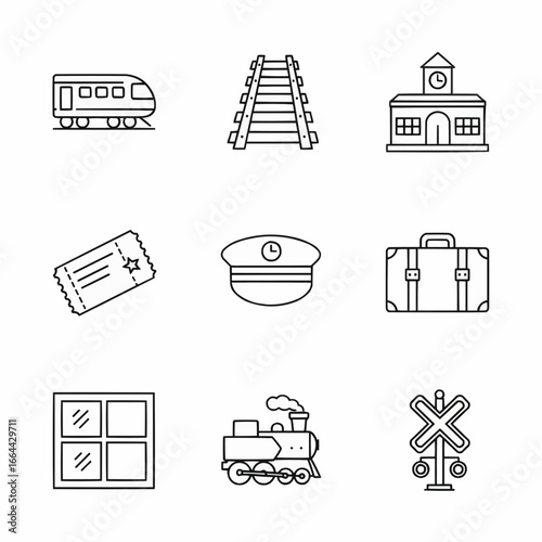 Collection of railway and transport-themed vector icons including trains, tracks, tickets, and luggage, perfect for illustrating travel, transportation concepts, and train-related industries.