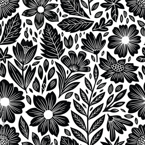 Seamless Pattern, Floral pattern in black and white with detailed leaves and flower blossoms design Stock royalty free