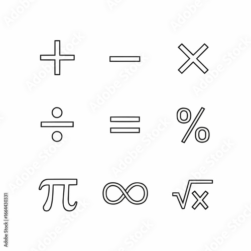 mathematical signs, including addition, subtraction, division, multiplication, equality, percentage, pi, square root, and infinity