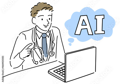 AIを活用する男性医師シンプル線画