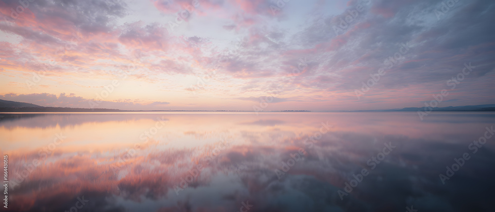 Fototapeta premium A serene and colorful sunrise reflecting on a calm ocean