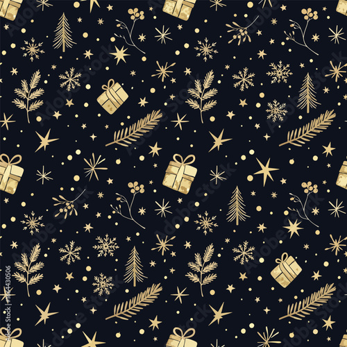 Seamless Pattern, Festive Christmas pattern featuring golden stars, gifts, snowflakes and winter foliage Stock royalty free image.