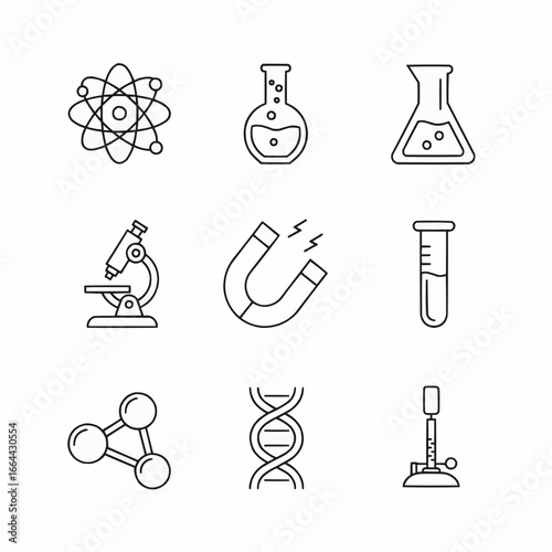 line icons depicting scientific tools, symbols, and concepts, including laboratory glassware, microscope, DNA strand, and magnet