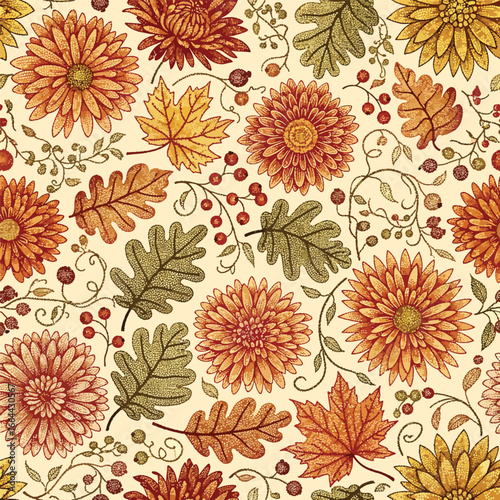 Seamless Pattern, Fall floral pattern with autumn leaves and chrysanthemum flowers vector design Stock royalty free image.