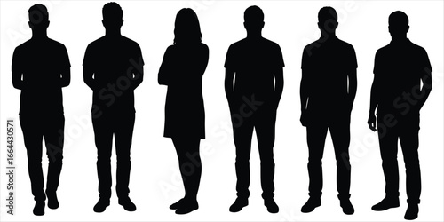 Diverse group of male and female silhouettes standing on white background people women