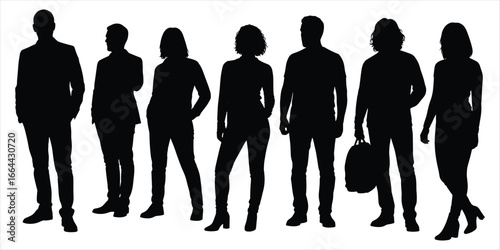 Diverse group of people silhouettes in casual and business attire on white background woman male