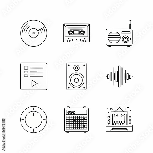 Line art musical technologies, including vinyl records, cassettes, radios, speakers, and audio equipment, symbolizing music, audio playback, and sound engineering concepts.