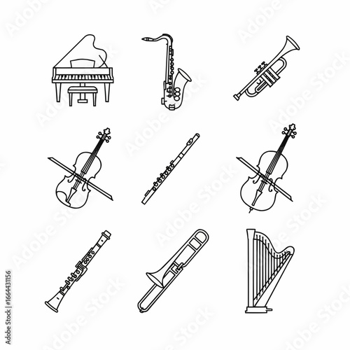 Black and White Instrument Line Icons Featuring Various Musical Instruments