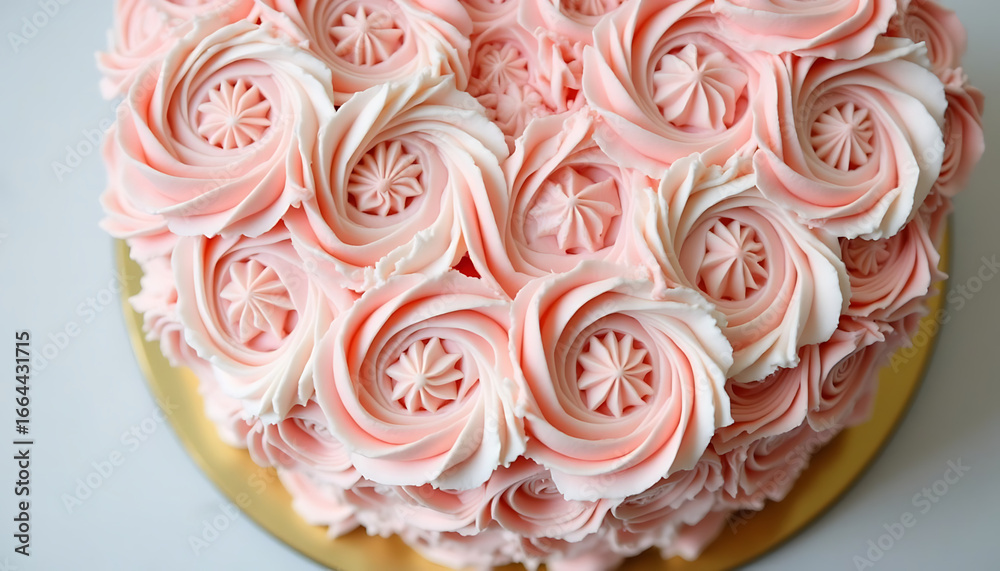 Fototapeta premium Decorated pink buttercream cake with floral design on golden stand 