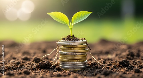 Wallpaper Mural Green sprout growing from stack of coins in soil symbolizes financial growth Torontodigital.ca