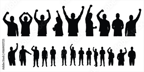 Group of male silhouettes with raised fists and arms in protest or victory people