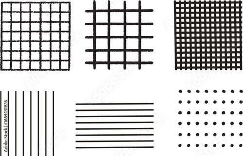 Graph crayon black hand drawn textured square grid for note, geometric line texture. Crayon or pencil stripes, dots for bullet journal pages.