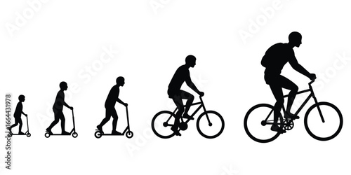 Silhouette evolution of transportation from scooter to bicycle on white kick scooter