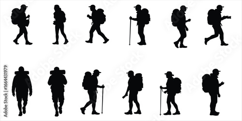 Set of Twelve Black Silhouettes of Hikers with Backpacks and Trekking Poles hiking