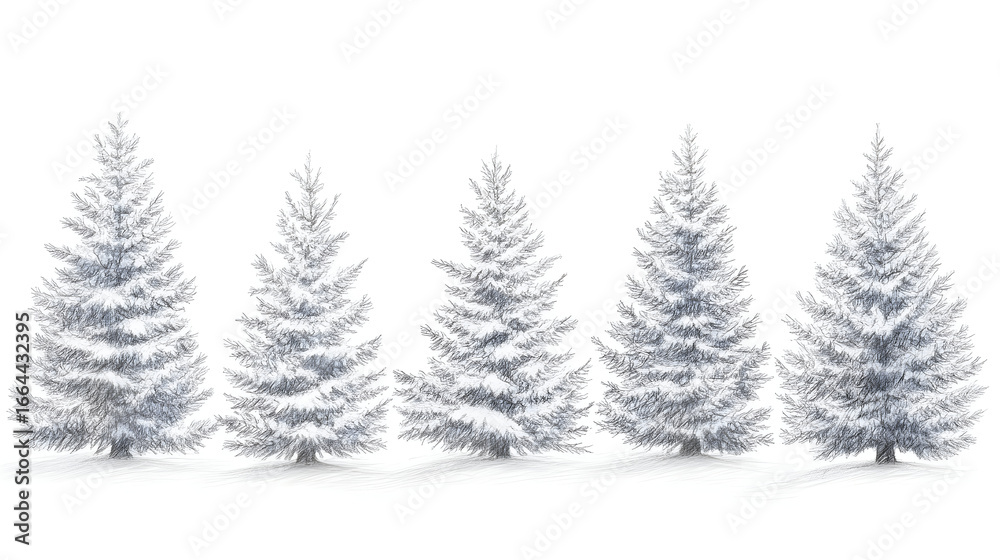 Obraz premium Four snowy evergreen trees horizontal background