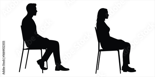 Silhouettes of a man and woman sitting on chairs in profile on white vector illustration