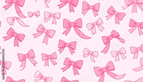 A pastel pink background scattered with various sizes of pink bows