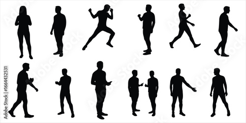 Silhouettes of people in various active and static poses on white background woman male