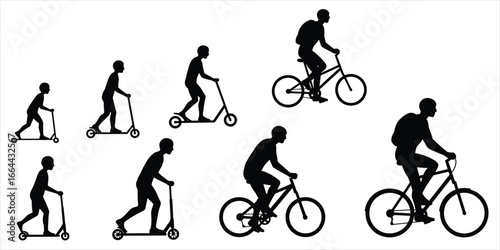 Silhouettes of people riding scooters and bicycles on white background Keywords: silhouette, people